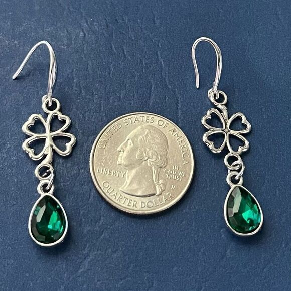 BAQ Emerald Green Crystal & Silver 4-Leaf Dangle Earrings - Picture 1 of 10